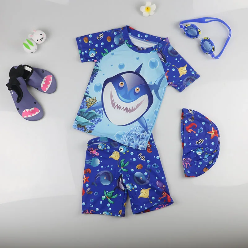 UPF50+ купальный костюм из трех предметов для мальчиков; детский купальный костюм с короткими рукавами и рисунком динозавра и акулы; купальный костюм для маленьких мальчиков - Цвет: 1