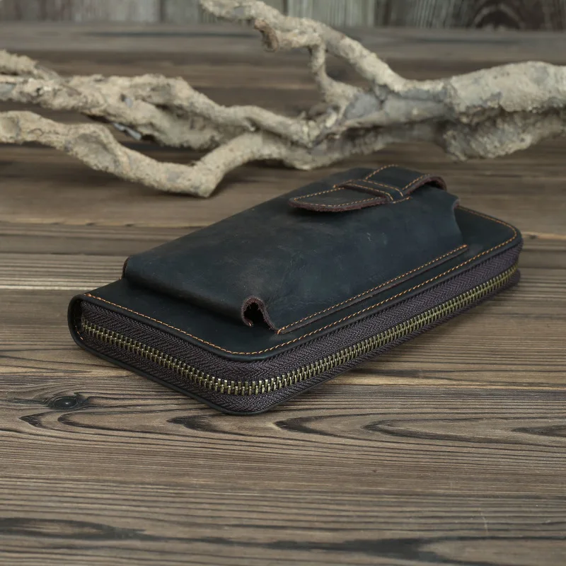 GO-LUCK Brand Crazy Horse Genuine Leather Cell Phone Pouch Case Men Zipper Daily Clutch Wallet Men's Cowhide Cardholder Purse