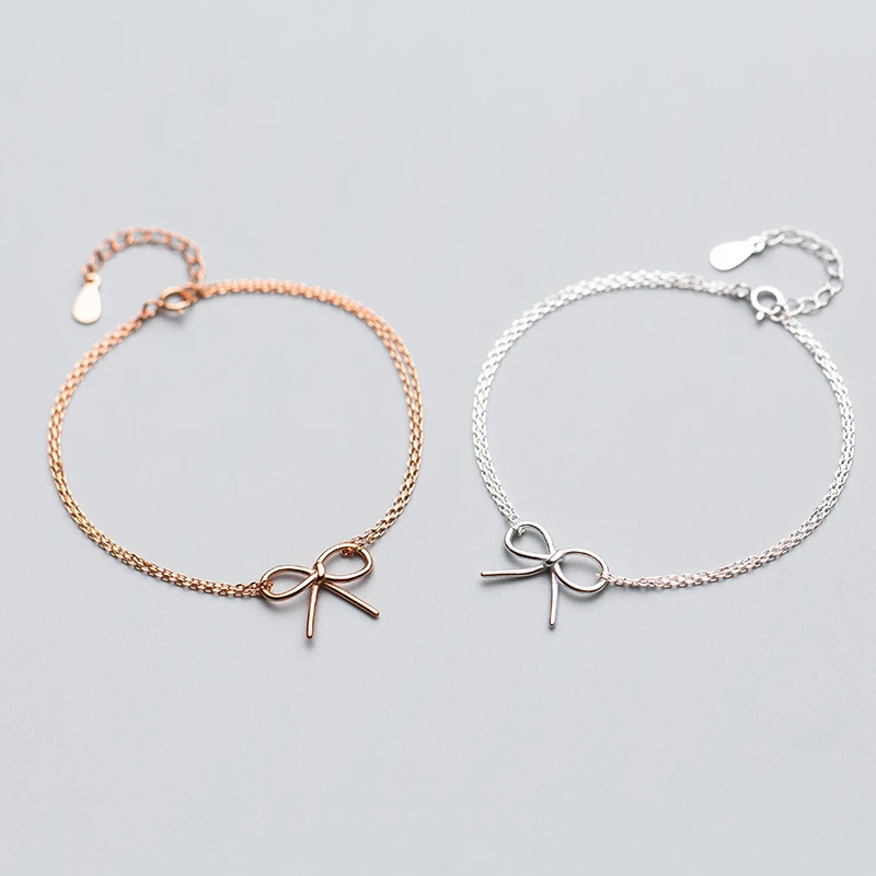 925 Sterling Silver Double Chain Hollow Cute Bow-knot Adjustment Bracelet Jewelry For Women Girls Kids Party Gifts S2415 | Украшения и
