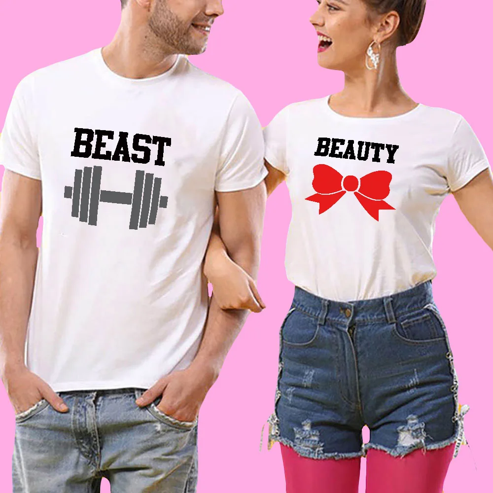 QIM Fashion Matching Couple Clothes Beast Beauty Print TShirt Women Men Cotton Short Sleeve T Shirt For Lovers Custom | Женская одежда