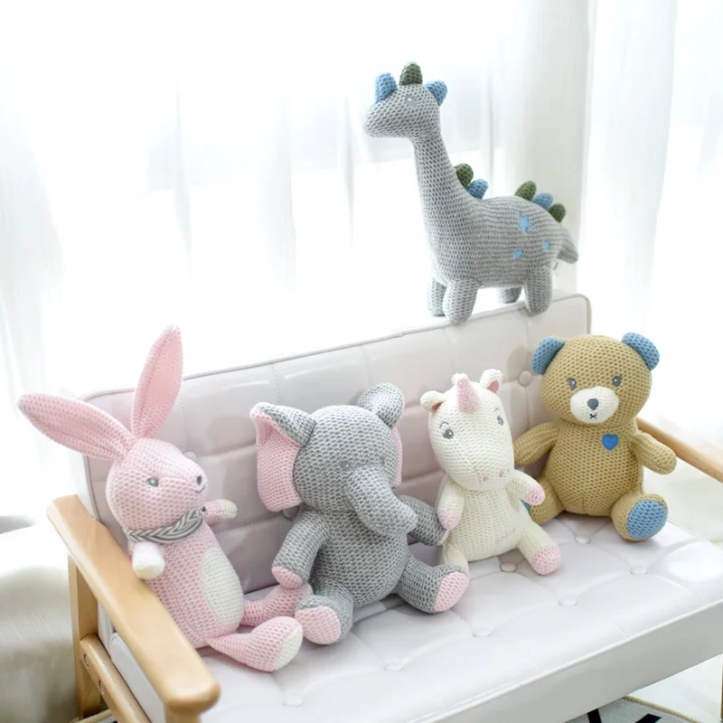 Promotion Korea ins hot rabbit elephant unicorn plush toy bell cute baby soothing doll knitted birthday gift for kids newborn |