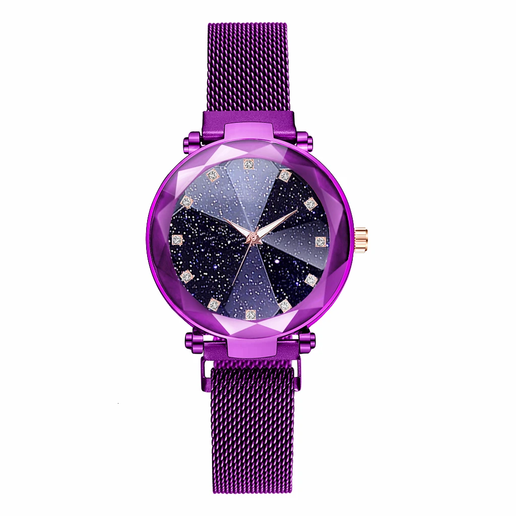 Для женщин магнитная пряжка квадратный алмаз звездное небо часы Роскошные дамы Геометрическая поверхность кварцевые часы Relogio Feminino - Цвет: purple