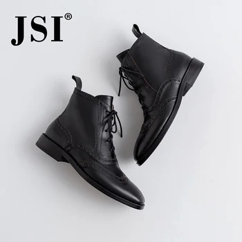 

JSI Winter Ankle Women Boots Square Toe Genuine Leather Zip Square Heel Med Heels Ladies Shoes Solid Zipper Women Boots jo369