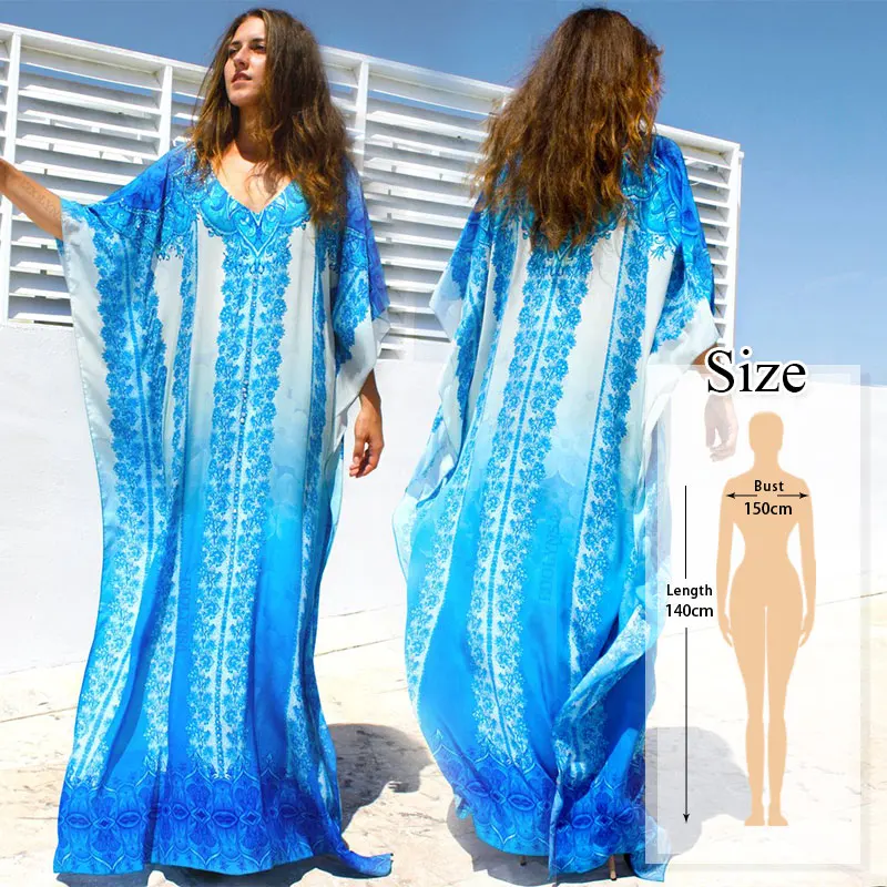 Длинное пляжное платье-кафтан с принтом голубого океана размера плюс, туника для женщин, летняя пляжная одежда, платье макси с рукавом до локтя N669 - Цвет: N774-669