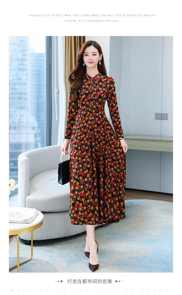 2021 Autumn New Arrival Hot Sale Stand Collar Flower Printed Long Sleeve Knitting Cotton A-LINE  Mid-Calf  Long Dress