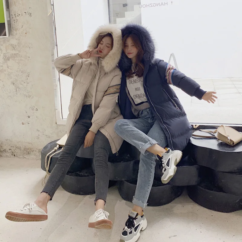 

Hooded Fashion Elegant Versatile Zipper Fly Elegant Warm Straight-Cut Mid-length Cotton-padded Clothes 2019 Winter