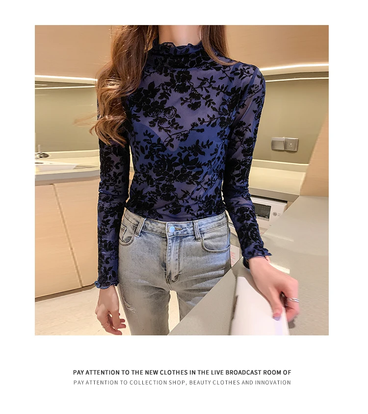 Korean Fashion Mesh Women Blouses Office Lady Shirt and Blouse Long Sleeve Floral Blusas Largas Loose Womens Sexy Tops
