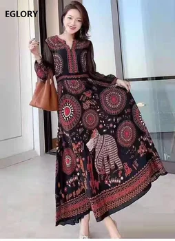

Bohemian Long Dress 2020 Spring Summer High Quality Women O-Neck Vintage Print Long Sleeve Casual Beach Long Maxi Dress Sun
