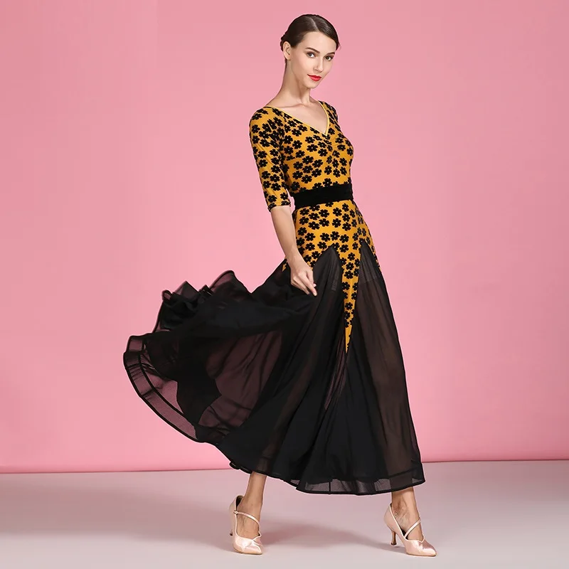 

women dance dress ballroom rumba dress ballroom dance costumes waltz dress flamenco v-neck splicing print dress for dancing