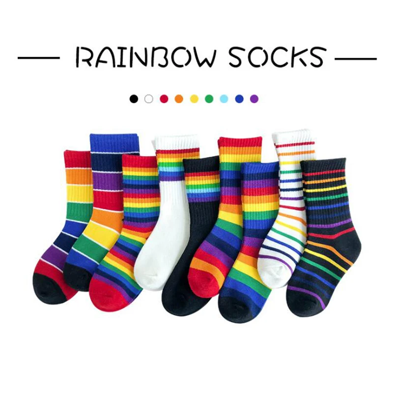 Calcetines con estampado de arco iris para niños y niñas, medias largas de algodón con rayas coloridas, hasta la rodilla