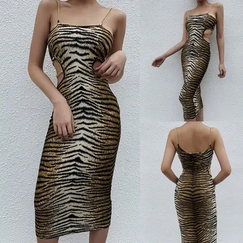

Women Fashion Square Collar Animal Print sleeveless Chain Sling Mid-Calf Dress Dropshipping 2020 winter fashion Retro trend size