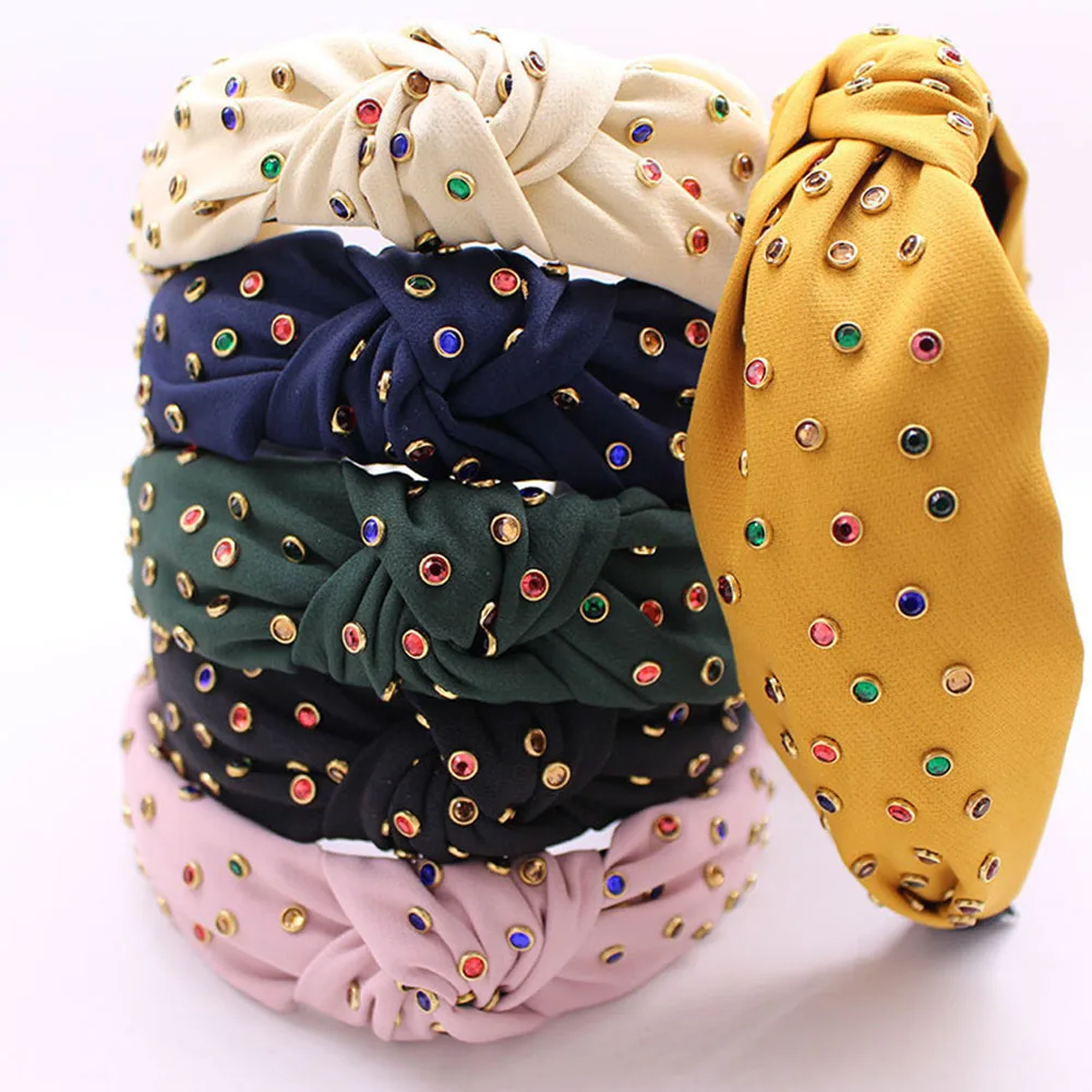 

Bohemian Colorful Rhinestone Hairbands Top Knot Wide Head Hoop Crystal Shiny New Style Headband White Yellow Blue Handmade Hot