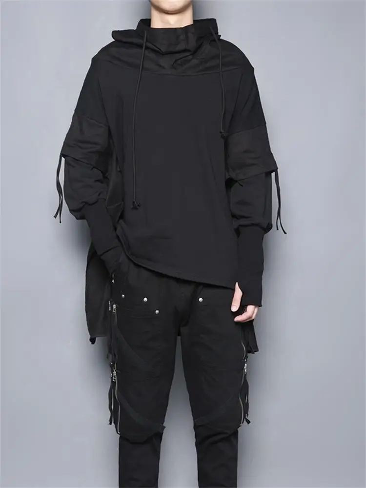camisola de manga comprida masculina personalidade preta desconstrução sutura tendência de rua com capuz solto jaqueta masculina