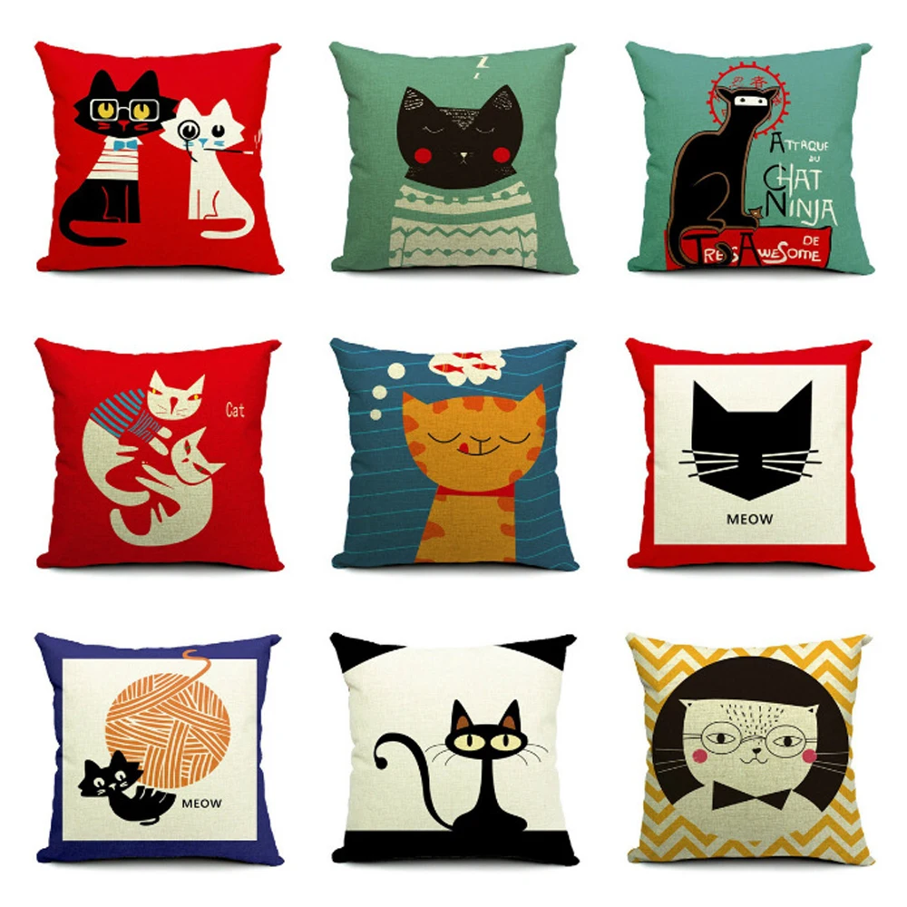 Cushion Cover Pillowcase Linen Cartoon Small Cute Cat Sofa Car Throw Pillow Case