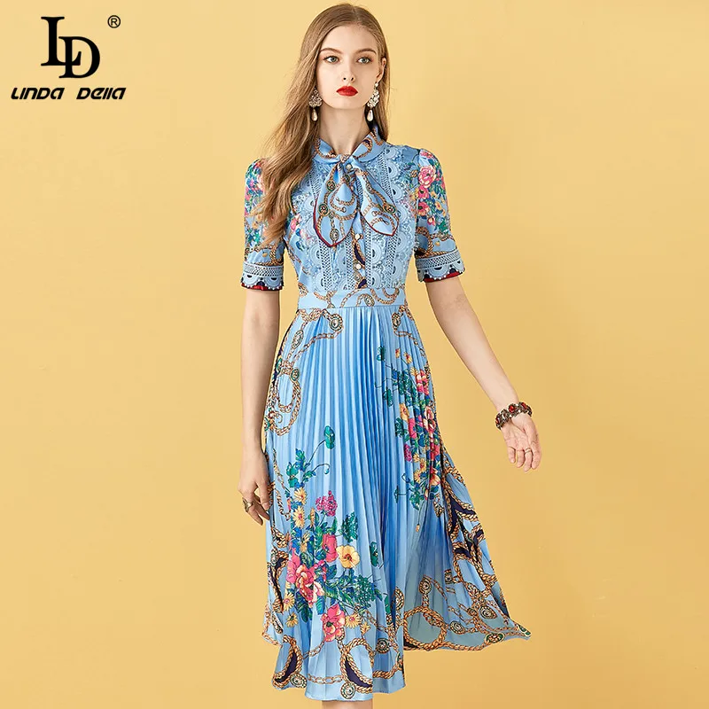 Summer Floral Print Lace Patchwork O Neck Short Sleeve Women Casual Midi Dress