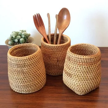 

Rattan Chopsticks Tube Shovel Spoon Barrel Dinner Knife Fork Cutlery Storage Box Home Storage Basket