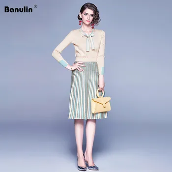 

Spring Autumn Knitted Sweaters Suits 2 Piece Set Autumn Runway Women Lace-up Bow Pullover Top + Striped Long Skirt Two Piece Set