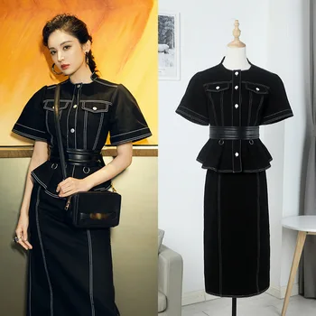 

WOMENGAGA 2020 Spring Summer New Jacket+skirt Women's Breasted Solid Ruffles Belt Fashion Long Patchwork Elastic Waist a062