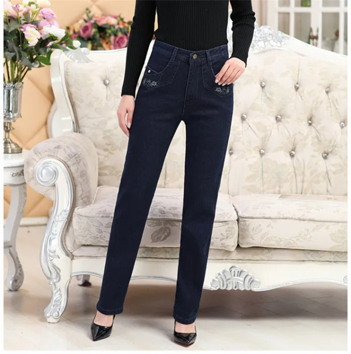 High Quality Women's Small Straight Jeans Girls High Waist Long Pants Pencil Trousers Women winter plus velvet warm jeans Q164