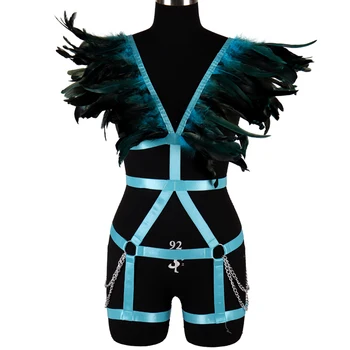 

Swan Feather Epaulettes Goth Steampunk Shoulder Wings Sexy Lingerie Set Full Body Harness Metal Chain Garter Club Festival Rave