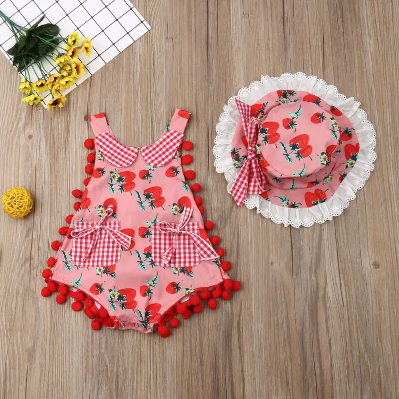 

2020 New Arrival Newborn Infant Baby Girl Strawberry Romper Jumpsuit Hat Sunsuit Clothes Set 2PCS