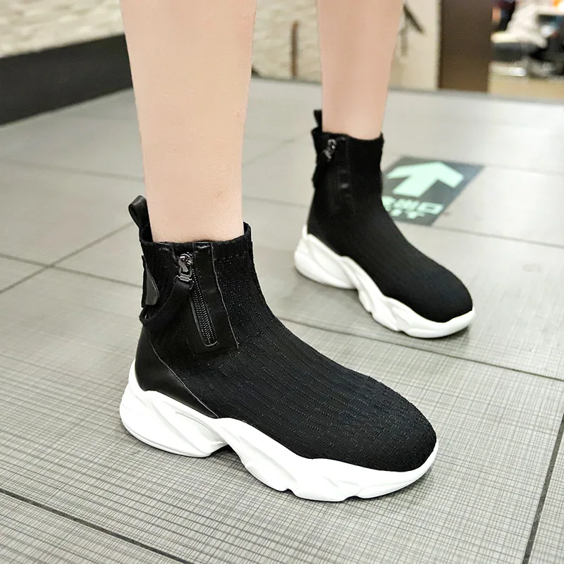 Женские эластичные ботинки-носки новая модная обувь на низком каблуке женские