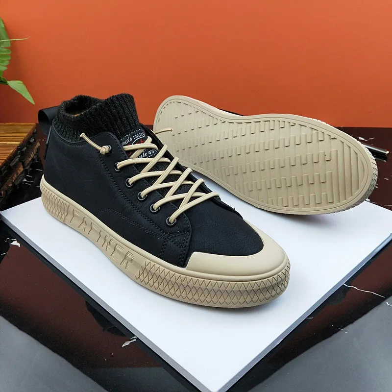 

Ozhouzhan MEN'S SHOES Velvet Lining Winter Casual Leather Shoes Men's Hight-top Velvet Shoes Youth Warm England Versatile Leathe