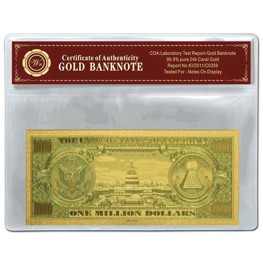 Цвет банкнот из золота США 1 миллион долларов банкноты с COA|banknote design|banknote testerbanknote