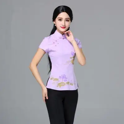 Хлопковая льняная тонкая приталенная винтажная китайская рубашка Cheongsam с пуговицами в виде лягушки, женская летняя Этническая футболка с коротким рукавом - Цвет: Purple