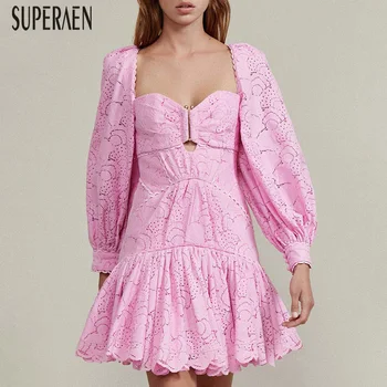 

SuperAen Europe 2020 Spring New Ladies Dress Embroidery Hollow Lace Stitching Women Dress Solid Color Cotton Women Clothing