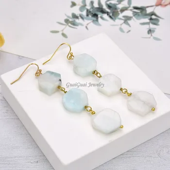 

GuaiGuai Jewelry Natural Hexagon Blue Larimar Dangle Hook Earrings