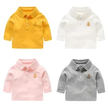 Детская одежда в Корейском стиле; детская футболка для мальчиков; отложной воротник; вышитый медведь; длинная футболка; сезон весна-осень; универсальная рубашка