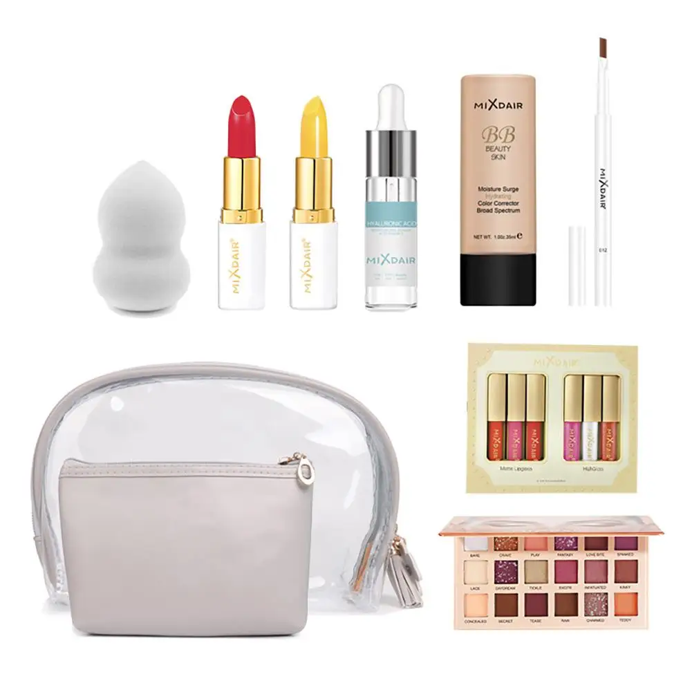 

9PCS/Set Lipstick High Gloss Powder Eye Shadow Foundation Eyebrow Pencil Puff Essence Makeup Complete Set