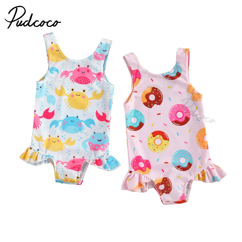 0-3Y Breathable Infant Newborn Girls One-piece Swimsuit, Summer Children Cute Crab/Donut Printing Sleeveless Swimwear Vacation 1