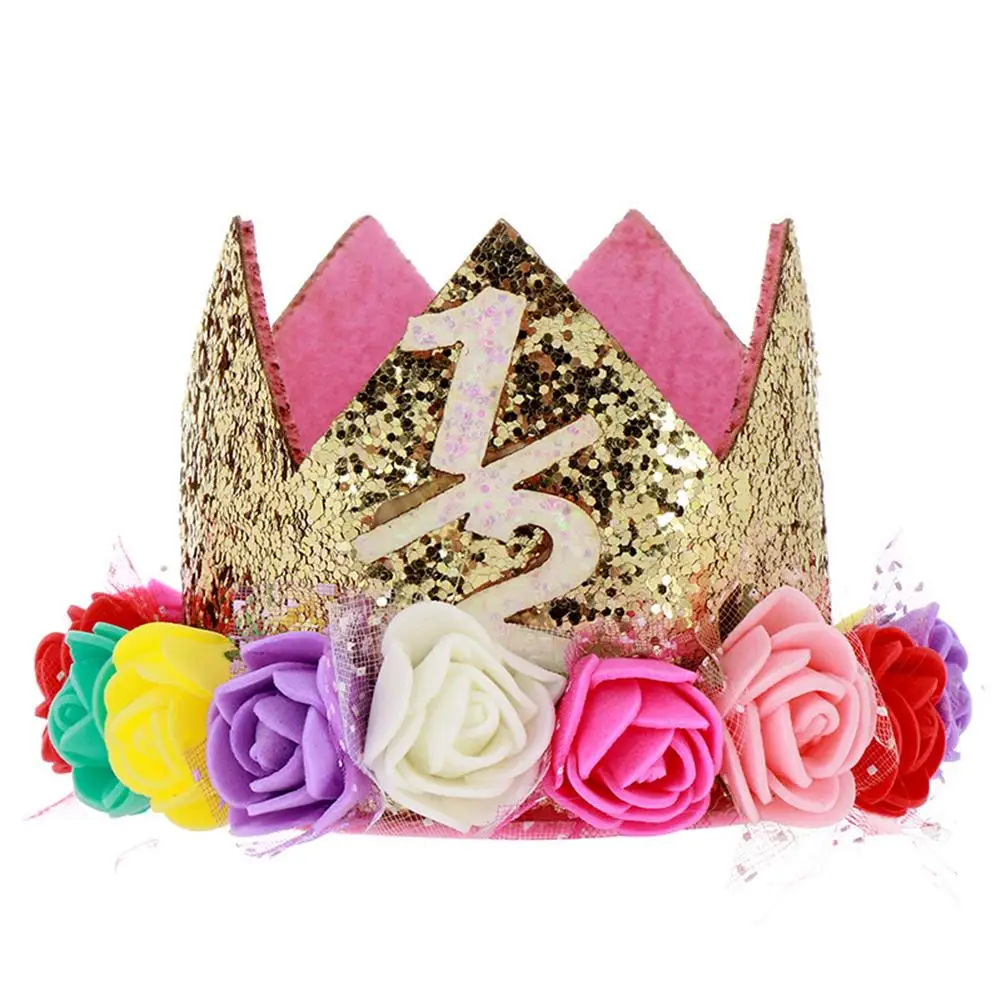 Первый день рождения ребенка Декор цветок вечерние кепки Корона повязка От 1 до 3 лет Номер принцессы стиль праздничный колпак аксессуары для волос новорожденного