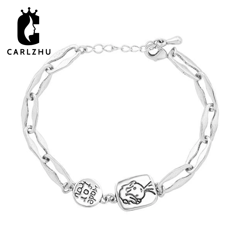 Толстая цепочка, мультяшный мальчик, Резные буквы, браслет, модный винтажный античный серебряный позолоченный женский браслет, ювелирное изделие для женщин, подарочные браслеты