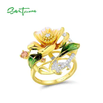 

SANTUZZA Silver Rings For Women Genuine 925 Sterling Silver Glamorous Yellow Flower Charming Trendy Fine Jewelry Handmade Enamel