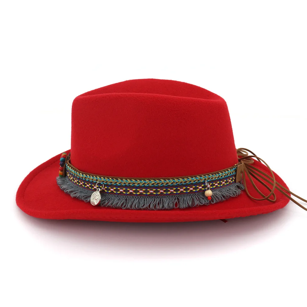 Женская шерстяная ковбойская шляпа в западном стиле с широкими полями, ковбойская джазовая Кепка для конного спорта с лентой в национальном стиле AD0853
