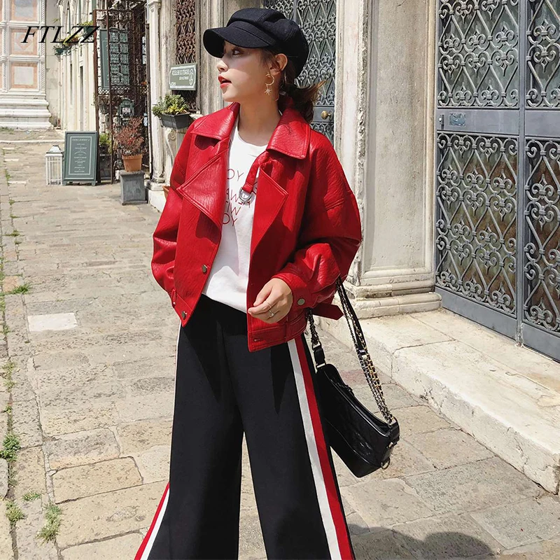 

FTLZZ Faux Leather Short Jacket Autumn Spring Women Loose Turndown Collar Single Breasted Motorcycle Pu Leather Coat