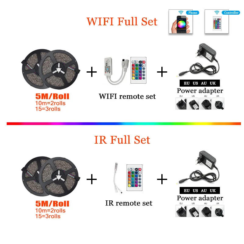 Светодиодный светильник RGB 5050 SMD 2835 гибкая лента fita светодиодный светильник RGB 5 м 10 м 15 М лента диод DC 12 В+ пульт дистанционного управления+ адаптер