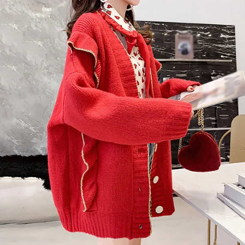 Кардиган свитер Женский Повседневный сплошной цвет пуговицы круглый вырез винтажные свитера с длинным рукавом Свободный кардиган теплые длинные топы