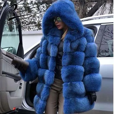 Blue Модное роскошное Женское пальто с натуральным мехом, 80 см, длинная куртка из натурального Лисьего меха с большим меховым капюшоном, длинный рукав, зимний толстый мех - Цвет: Blue