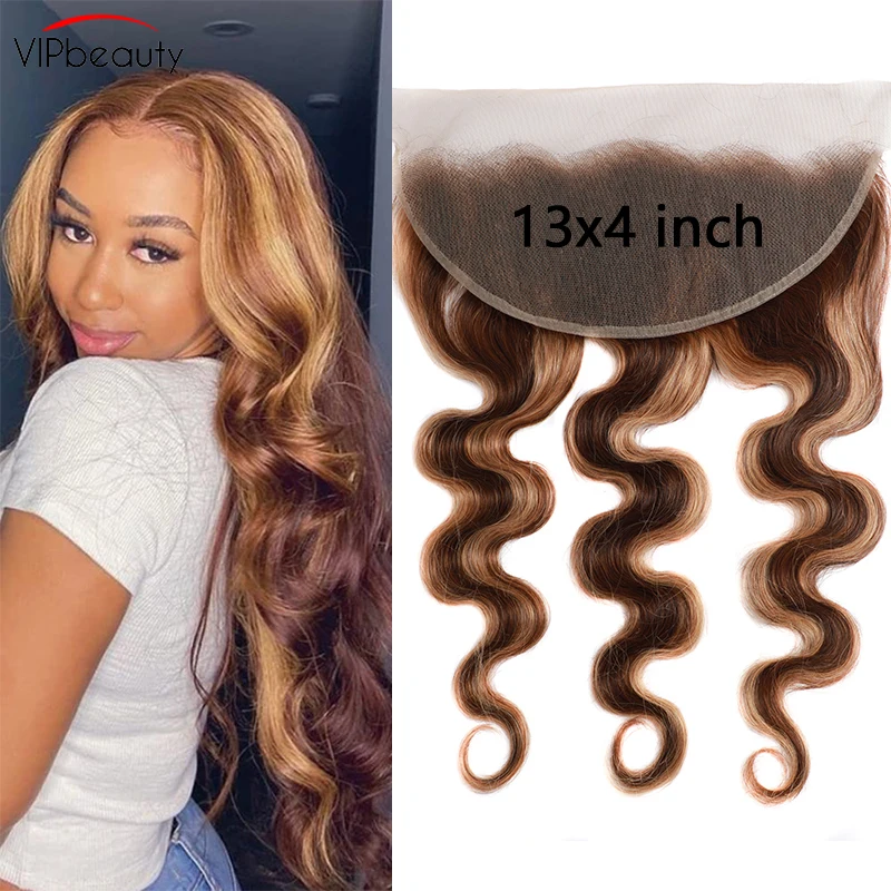 13x4 Transparent Highlight Omber Body Wave Lace Frontal 4/27 Color Remy Human Hair For Black Women Swiss Front | Шиньоны и парики
