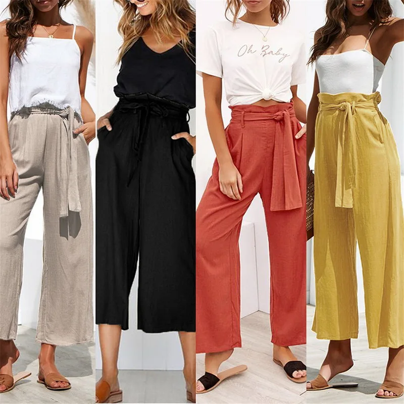 

Women's Wide Leg Pants Cotton Linen High Waist Tie Front Trousers OL Lace Up Bow Loose Trousers Beach Casual Colorful