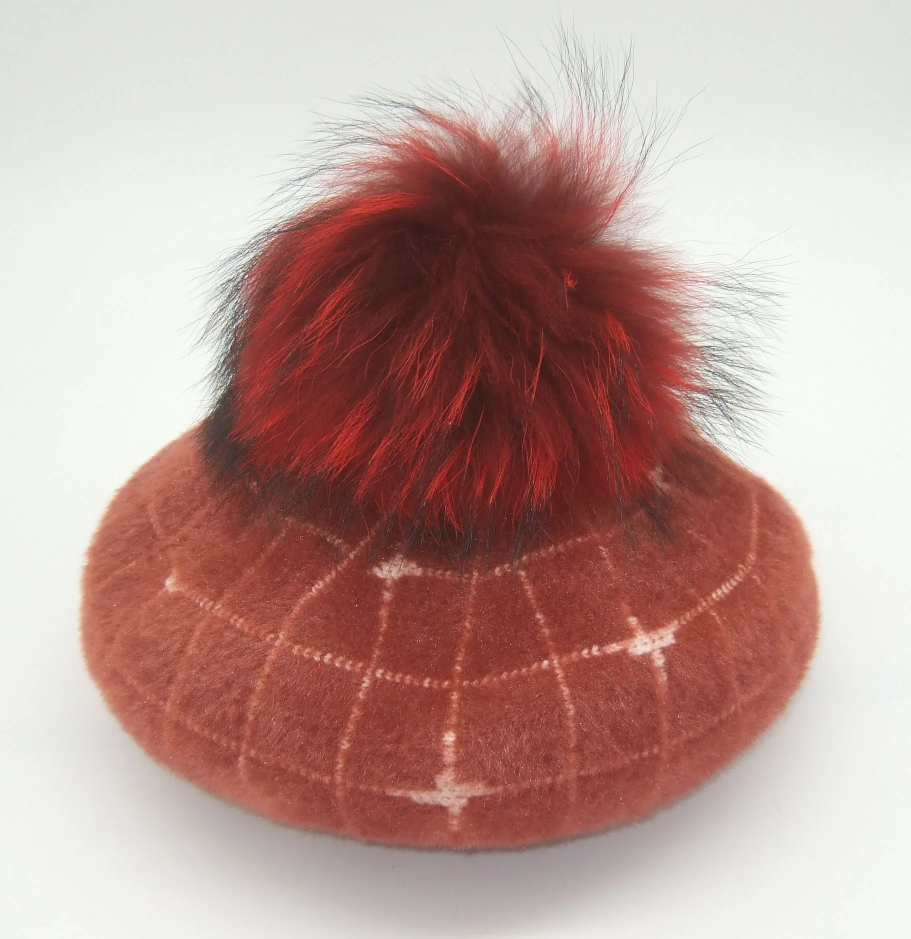 Модные женские береты с помпоном, зимние женские повседневные теплые шапки из меха енота 14 см, кашемировые шерстяные береты - Цвет: re pompom