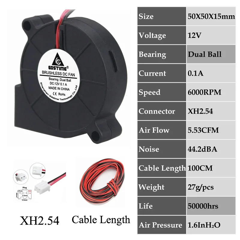 2 шт. Gdstime 5 в 12 В 24 В 5015 двойной шарикоподшипник 3d принтер 50x50x15 мм вентилятор охлаждения постоянного тока 50 мм x 15 мм Длинный кабель воздуходувы кулер радиатор - Цвет лезвия: Blow0.1A5015B12V2P1M