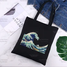 

The Great Wave of Aesthetic Harajuku Style Print Ladies Casual Shoulder Black Tote Bag Printed Canvas Female Bag Handbag