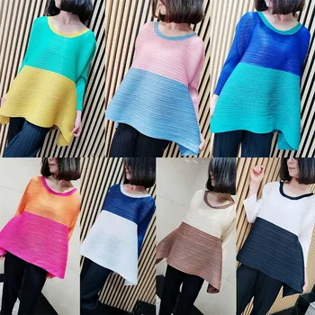 

Autumn women's loose fashion casual round collar fine top MIYAKE pleated tshirt free shipping