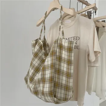 

Plaid Large Capacity Vintage Shoulder Canvas Shoulder Bag for Women 2020 Summer Casual Shopping Beach Bag Tote Travel Handbag