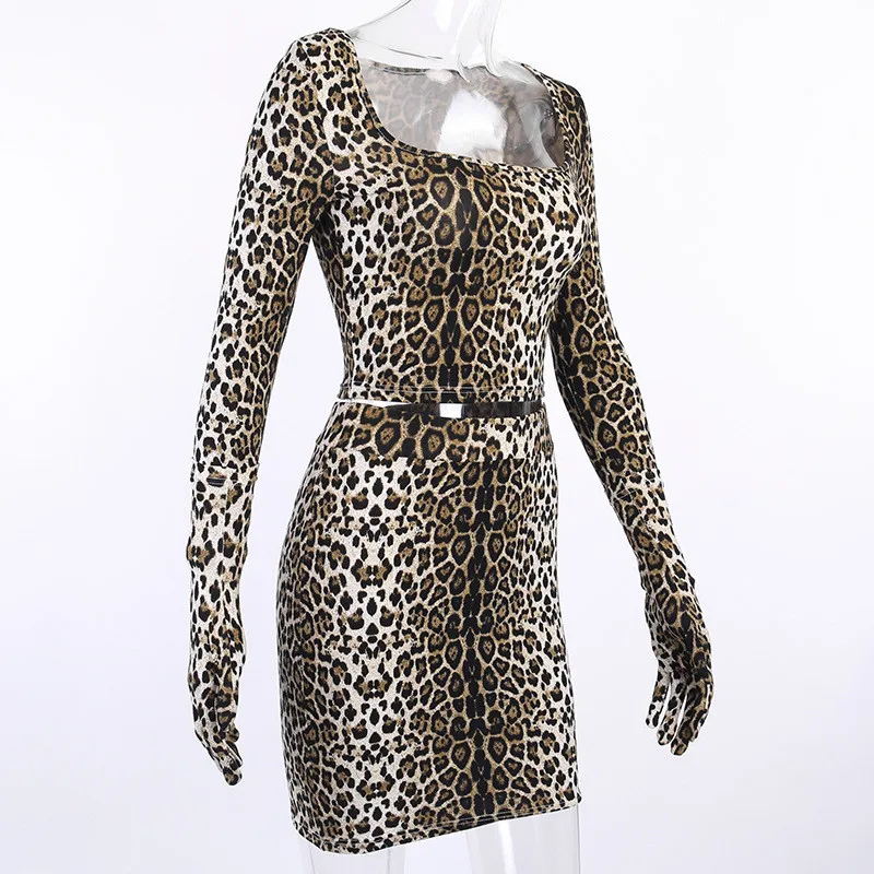 Hugcitar leopard print long sleeve with gloves sexy crop top skirt 2 pieces set autumn winter women streetwear outfits